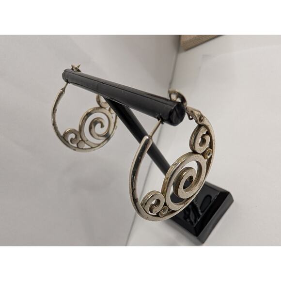 Brighton Silver Tone Hoop Earrings 1.5in Swirl Design Rhinestones READ - Picture 3 of 7